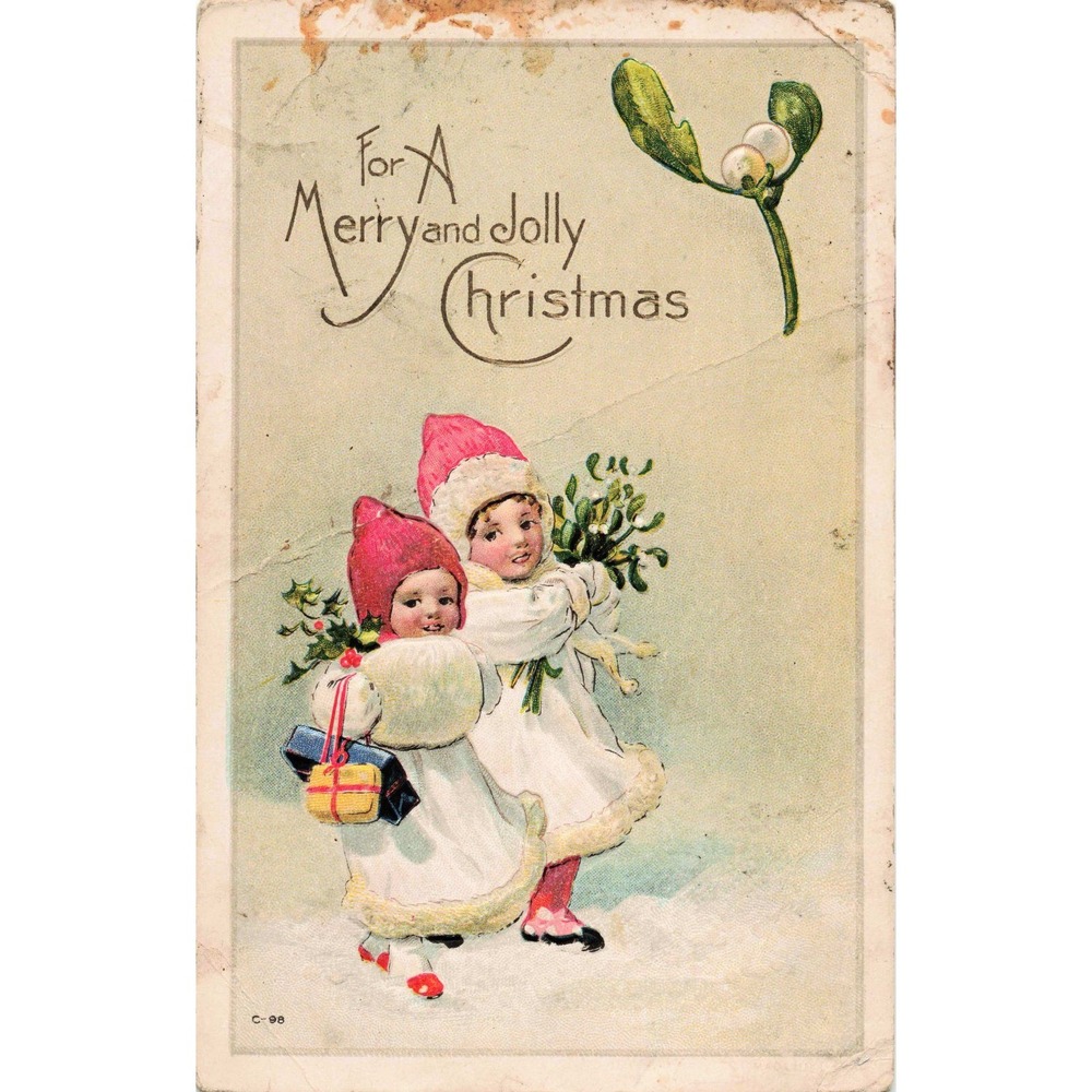 Christmas Postcard Children Mistletoe Holly Gifts C-98 Antique Early 1900s
